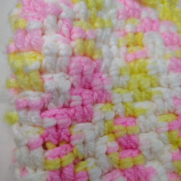 Hand Crochet Bag Pink Yellow White Vintage Double Strap Grandmacore Handbag 14" - Picture 15 of 16